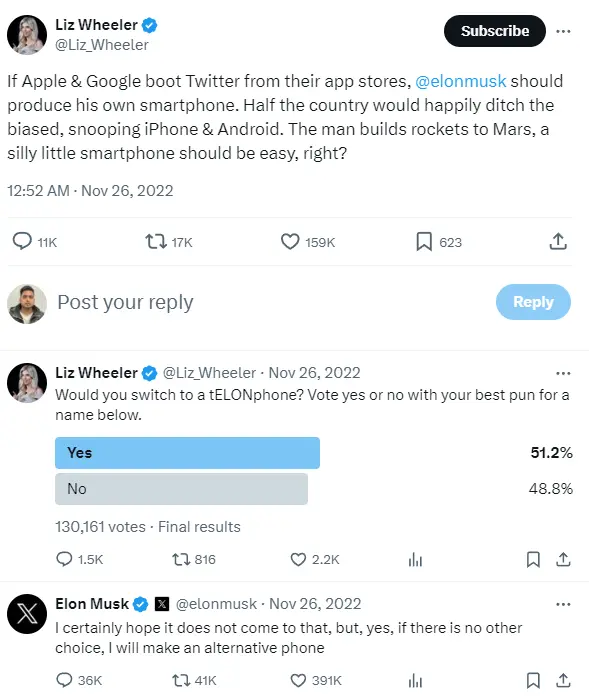 Elon musk replied the tweet and say if there is no other choice x will make smartphone in future