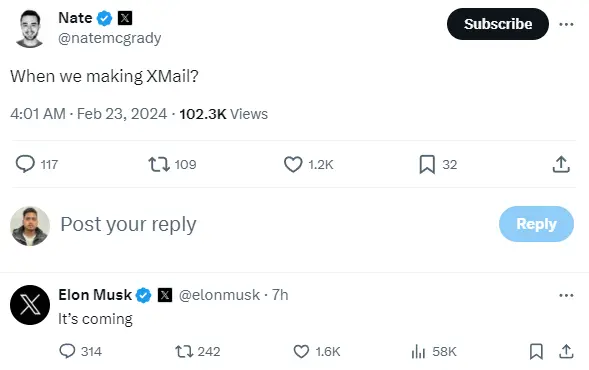 Elon musk reply to Nate and Say Xmail is coming